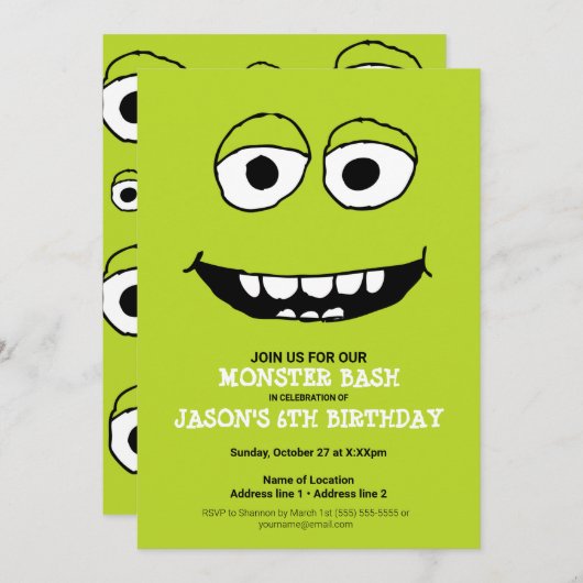 Een Green Monster Bash! Schattigee Monster Party n Kaart (Voorkant / Achterkant)