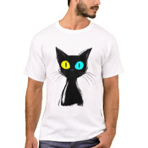 Een griezelige zwarte kat met links blauw en recht