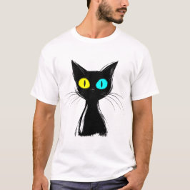 Een griezelige zwarte kat met links blauw en recht t-shirt
