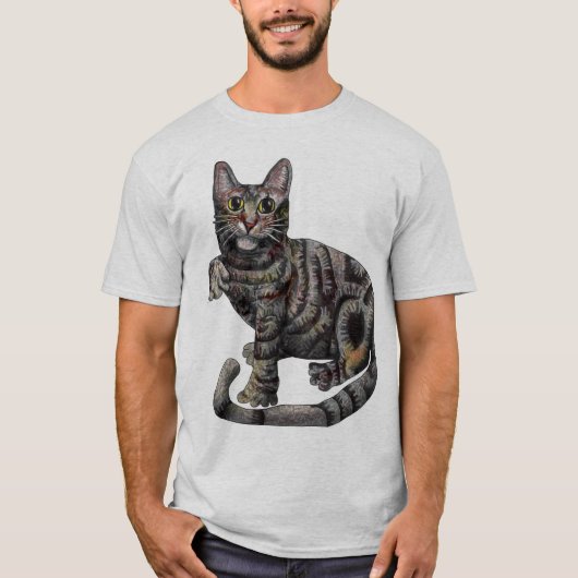 Een grijze kat, met "Ik hou van katten!" T-shirt (Voorkant)
