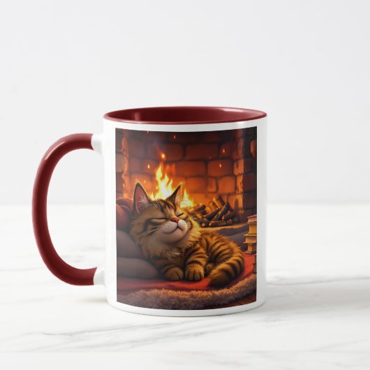 Een grijze kat slaapt rustig op een tapijt. mok (Links)