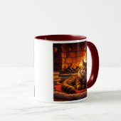 Een grijze kat slaapt rustig op een tapijt. mok (Voorkant rechts)