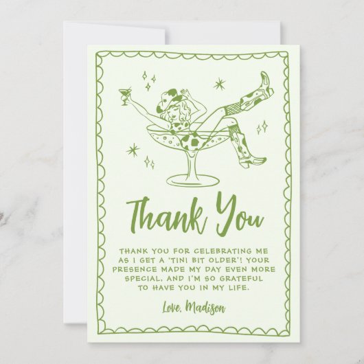 Een grillig klein beetje ouder groen verjaardagsfe bedankkaart (Voorkant)