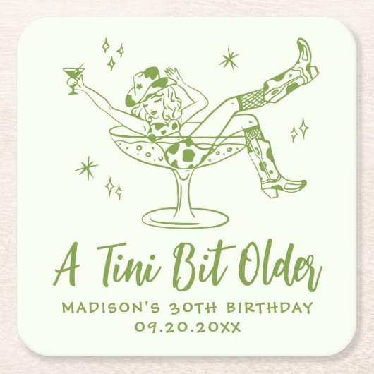 Een grillig klein beetje ouder groen verjaardagsfe kartonnen onderzetters (Voorkant)