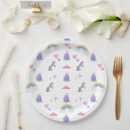 Een grillig, sprookjesachtig kasteel en eenhoorn b papieren bordje