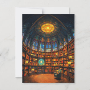 Een grillige bibliotheek zweeft tussen de sterren briefkaart