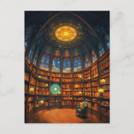 Een grillige bibliotheek zweeft tussen de sterren briefkaart