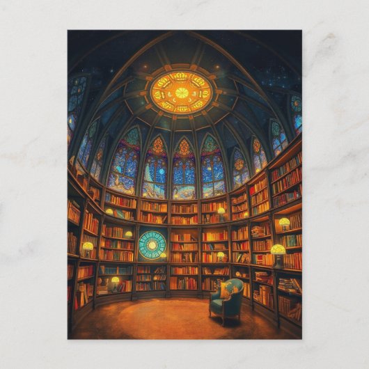 Een grillige bibliotheek zweeft tussen de sterren briefkaart (Voorkant)