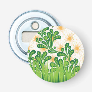 Een groen en goud artistiek patroon met een boom button flesopener