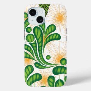 Een groen en goud artistiek patroon met een boom iPhone 15 case