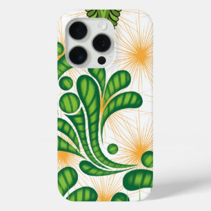 Een groen en goud artistiek patroon met een boom iPhone 15 pro case