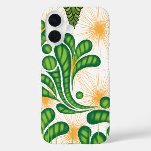 Een groen en goud artistiek patroon met een boom iPhone 16 hoesje