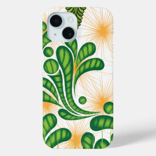 Een groen en goud artistiek patroon met een boom iPhone 15 case