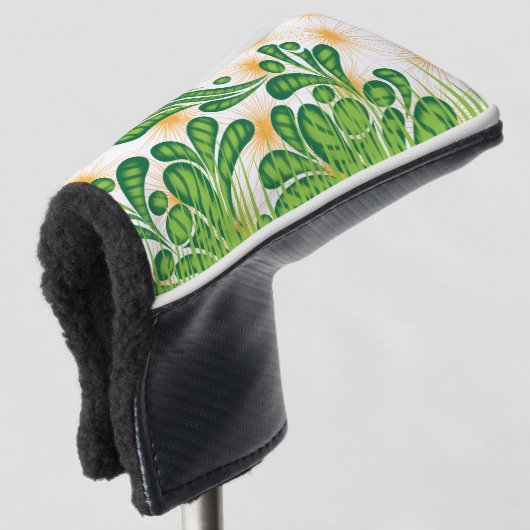 Een groen en goud artistiek patroon met een boom golfheadcover (3/4 voorkant)