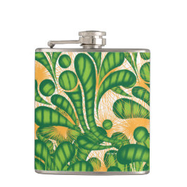 Een groen en goud artistiek patroon met een boom heupfles