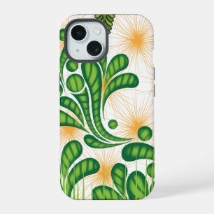 Een groen en goud artistiek patroon met een boom iPhone 15 case
