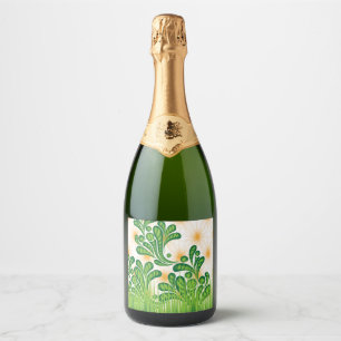 Een groen en goud artistiek patroon met een boom sparkling wijnetiket