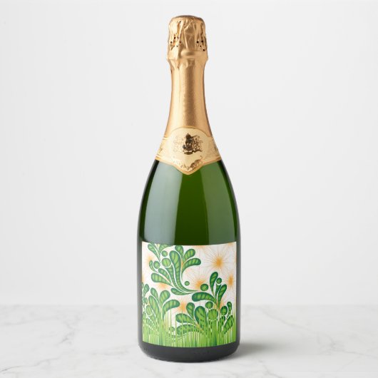 Een groen en goud artistiek patroon met een boom sparkling wijnetiket (Voorkant)