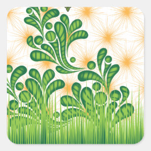 Een groen en goud artistiek patroon met een boom vierkante sticker