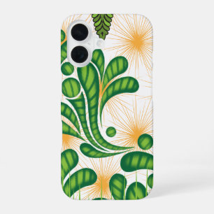 Een groen en gouden artistiek patroon dat een boom iPhone 16 hoesje