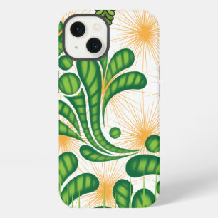 Een groen en gouden artistiek patroon dat een boom iPhone 13 hoesje