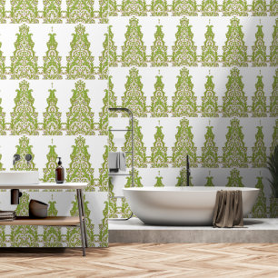 Een groen en wit behang met  design