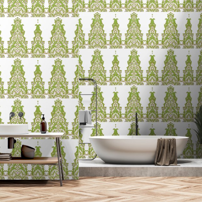 Een groen en wit behang met  design (Badkamer)