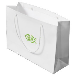 een groen en wit logo met een gestileerd ontwerp groot cadeauzakje