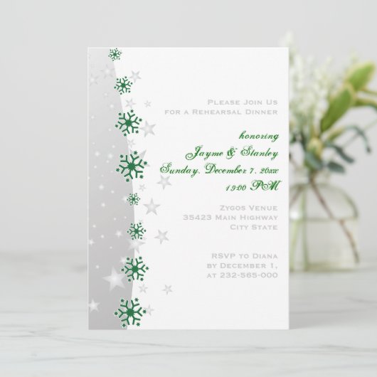 Een groen, grijs snowflake bruiloft-diner kaart (Staand voorkant)