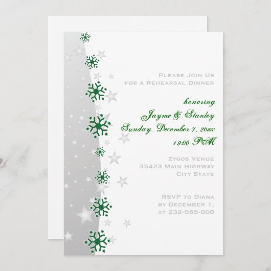 Een groen, grijs snowflake bruiloft-diner kaart (Voorkant / Achterkant)