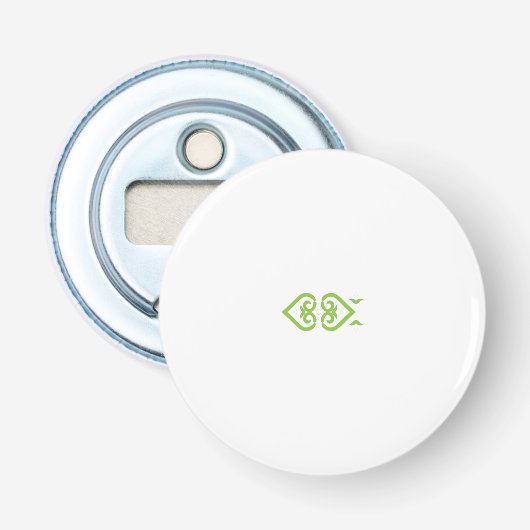 Een groen-witte logo met een gestileerd ontwerp button flesopener (Voorkant)