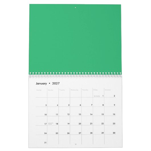 Een groene achtergrond met een witte rand kalender (Jan 2027)