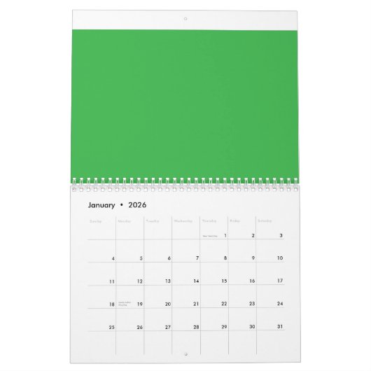 Een groene achtergrond met een witte rand kalender (Jan 2026)