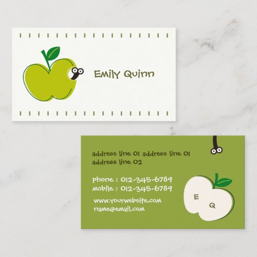 een groene appel en een kleine worm visitekaartje (Voorkant / Achterkant)