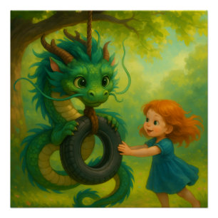 Een groene Aziatische Baby-draak met Puppy Eyes Fa Perfect Poster