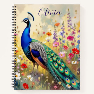 Een groene en blauwe pauw in bloemen Persoonlijk Notitieboek