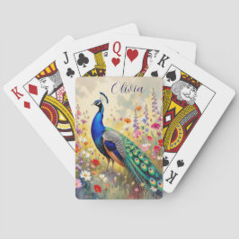Een groene en blauwe pauw in bloemen Persoonlijk Pokerkaarten