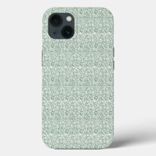 een groene en witte achtergrond met kleine bladere iPhone 13 hoesje