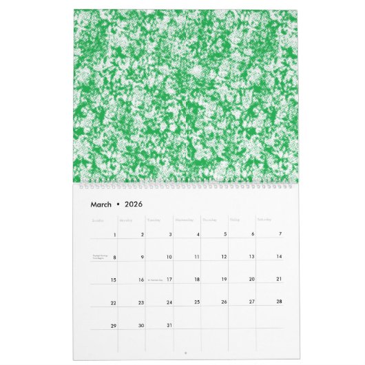 Een groene en witte achtergrond met kleine witte s kalender (Mar 2026)