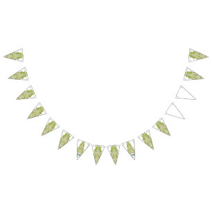 een groene en witte behang met sierlijke ontwerpen vlaggetjes