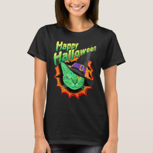 Een groene knipogende kat zegt Fijne Halloween Hal T-shirt
