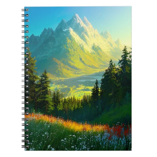 Een groene vallei bloeit met dennenbos notitieboek (Voorkant)