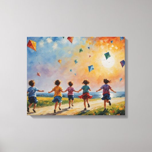 Een groep kinderen die met vliegers rennen canvas afdruk (Voorkant)