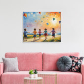 Een groep kinderen die met vliegers rennen canvas afdruk (Insitu (Woonkamer))