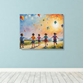 Een groep kinderen die met vliegers rennen canvas afdruk (Insitu (Houten vloer))