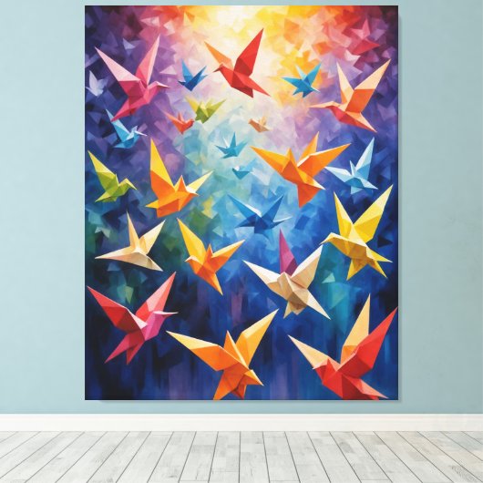 Een groep kleurrijke vogels origami canvas afdruk (Insitu (Houten vloer))