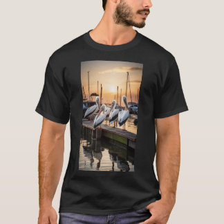 Een groep pelikanen rust op een pier in de buurt v t-shirt