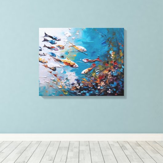 Een groep vissen zwemt in de oceaan canvas afdruk (Insitu (Houten vloer))