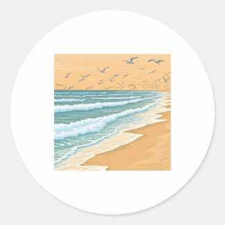 Een groep zeemeeuwen die over een strand vliegen m ronde sticker