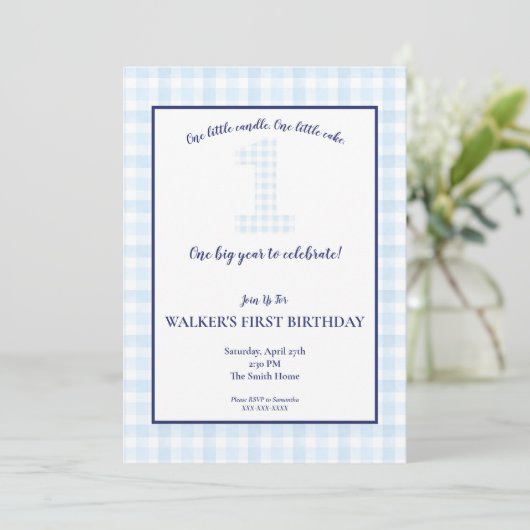 ÉÉN groot jaar - Klassieke Blue Gingham Birthday - Kaart (Staand voorkant)